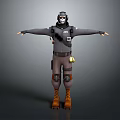 3D Character Design With Gray Outfit Helmet Mask Backpack And Brown Boots