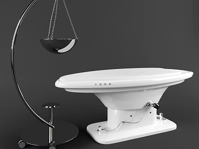 Medical Equipment Featuring White Examination Table And Mobile Metal Stand With Hanging Bowl 3d model