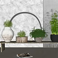 Elegant Bonsai and Potted Plants on Wooden Bench with Ceramic and Wooden Planters