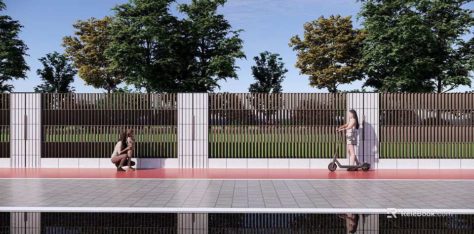 Modern Landscape Wall With Trees Red Gray Paving Child On Scooter And Reflection 3d model 