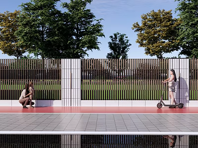 Modern Landscape Wall With Trees Red Gray Paving Child On Scooter And Reflection 3d model