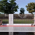 Modern Landscape Wall With Trees Red Gray Paving Child On Scooter And Reflection