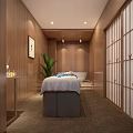 Cozy SPA Sauna Room With Massage Bed White Sheets Blue Towels And Bamboo Ceiling