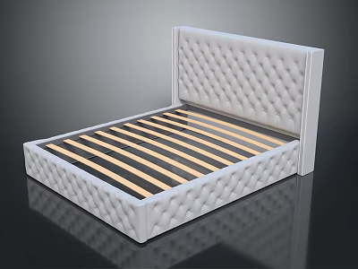 White Tufted Headboard Bed Frame With Wooden Slat Base And Striped Design 3d model