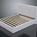 White Tufted Headboard Bed Frame With Wooden Slat Base And Striped Design