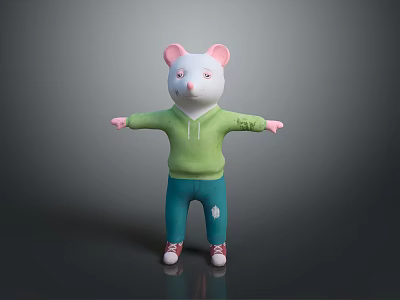 Mouse Character In Green Hoodie Blue Pants Ripped Detail And Red Shoes With Outstretched Arms 3d model