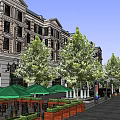 Vibrant European Style Commercial Street With Shops Pedestrians Greenery And Fountains
