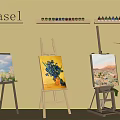 Easel And Art Painting Supplies With Colorful Paintings Pigment Bottles And Brushes
