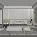 Modern Minimalist Bedroom Interior With Upholstered Bed Area Rug And Floor Lamp