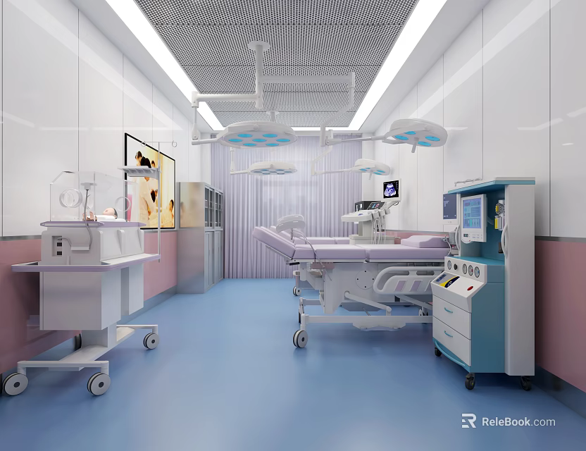 Modern Medical Room With Hanging Surgical Lights Hospital Bed And Incubator 3d model 
