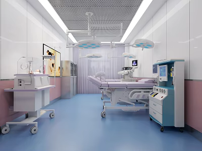 Modern Medical Room With Hanging Surgical Lights Hospital Bed And Incubator 3d model