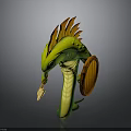 Fantasy Serpent Warrior 3D Model With Green Body Orange Mane Spear And Wooden Shield