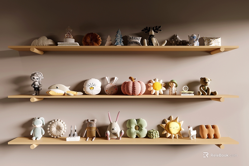 Various Cute Decorative Pillows on Wooden Shelves for Home 3d model 