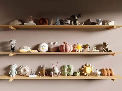 Various Cute Decorative Pillows on Wooden Shelves for Home 3d model