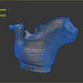Ancient Ceramic Animal Shaped Vessel With Carved Patterns And Green Accents