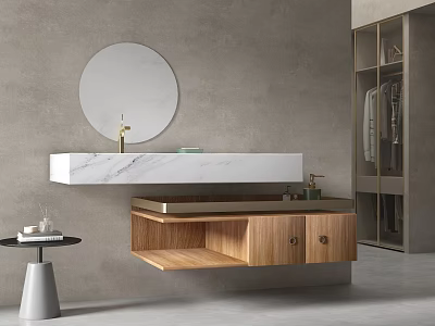 Modern Minimalist Bathroom Interior Design With Round Mirror Marble Countertop And Wooden Cabinets 3d model