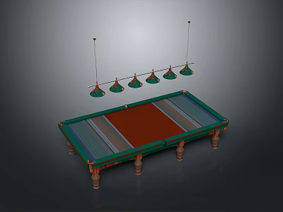 Stylish Billiard Table With Wooden Legs And Five Green Pendant Lights Above 3d model