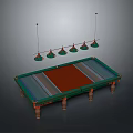 Stylish Billiard Table With Wooden Legs And Five Green Pendant Lights Above