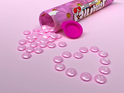Pink Round Candies Spilled From Floral Pattern Tube With Heart Shape Arrangement 3d model
