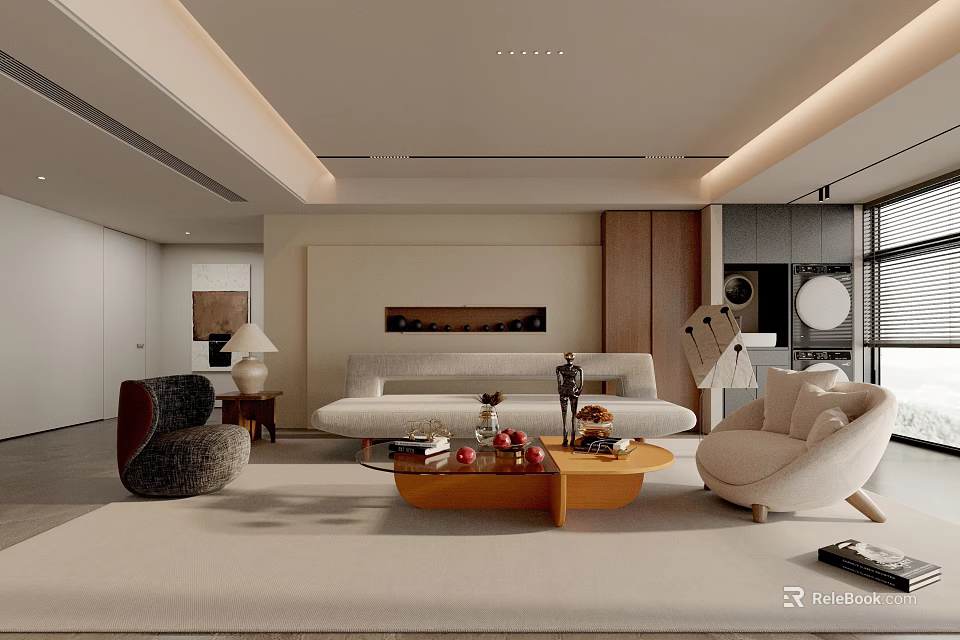 Modern Living Room Interior With Sofa Coffee Table Armchair Rug And Decorative Lighting 3d model 
