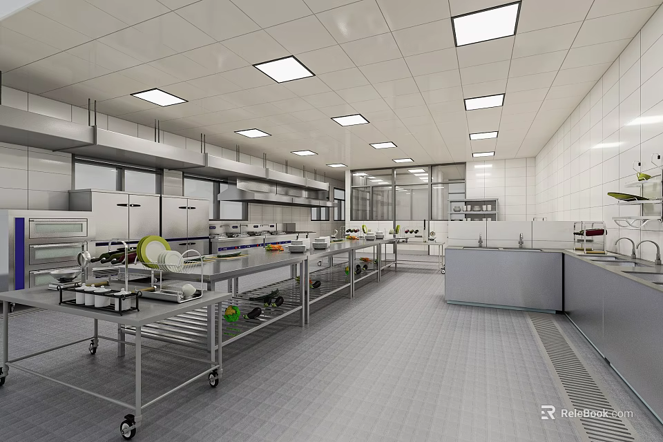 Modern Spacious Commercial Kitchen Interior Featuring Stainless Steel Worktables Carts And Ceiling Lights 3d model