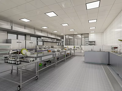 Modern Spacious Commercial Kitchen Interior Featuring Stainless Steel Worktables Carts And Ceiling Lights 3d model
