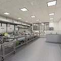 Modern Spacious Commercial Kitchen Interior Featuring Stainless Steel Worktables Carts And Ceiling Lights 3d model