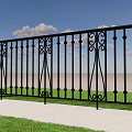Black Iron Decorative Railing In Outdoor Garden With Green Grass And Blue Sky