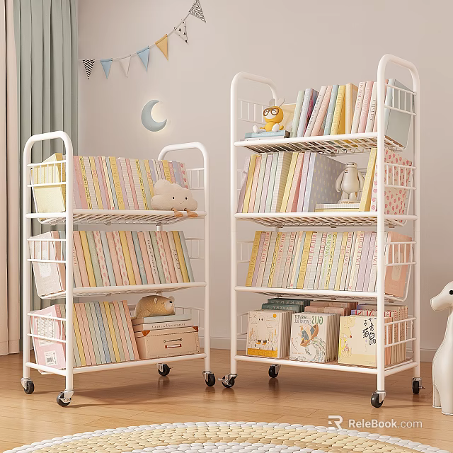 White Wheeled Multi tier Bookcase with Colorful Books and Decorative Items 3d model 