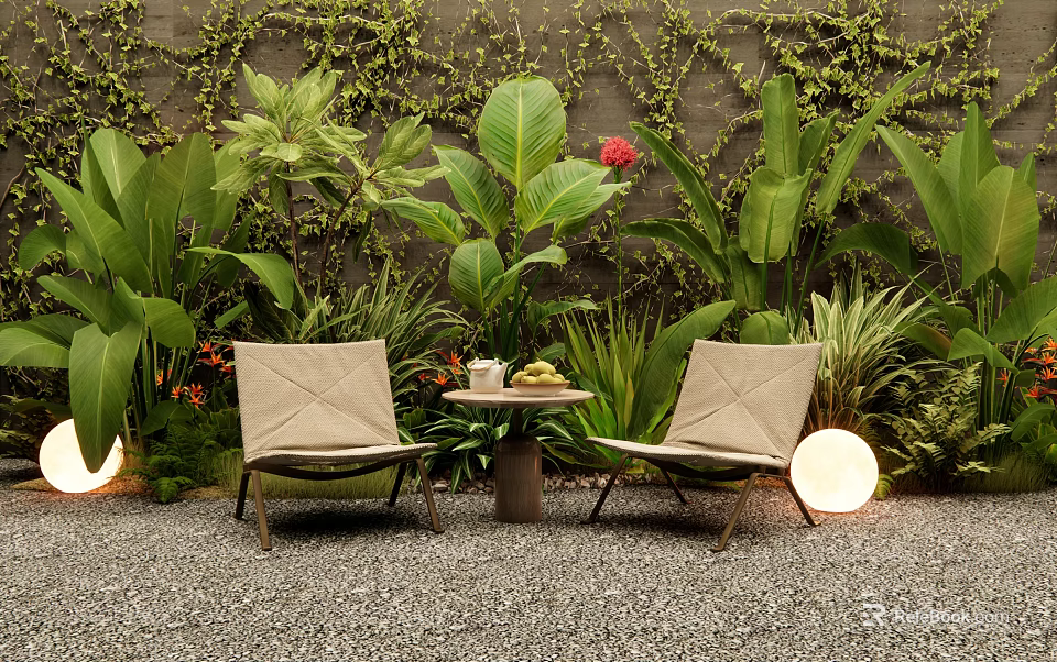 Cozy Outdoor Relaxation Area With Green Plant Wall Chairs Side Table And Round Lights 3d model 