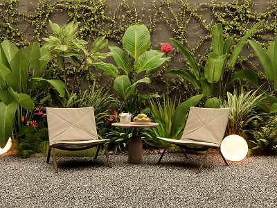 Cozy Outdoor Relaxation Area With Green Plant Wall Chairs Side Table And Round Lights 3d model