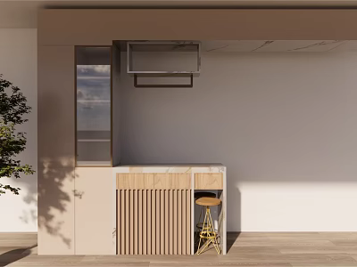 Stylish Bar Counter With Vertical Wooden Slats And Metallic Stool In Bright Interior 3d model