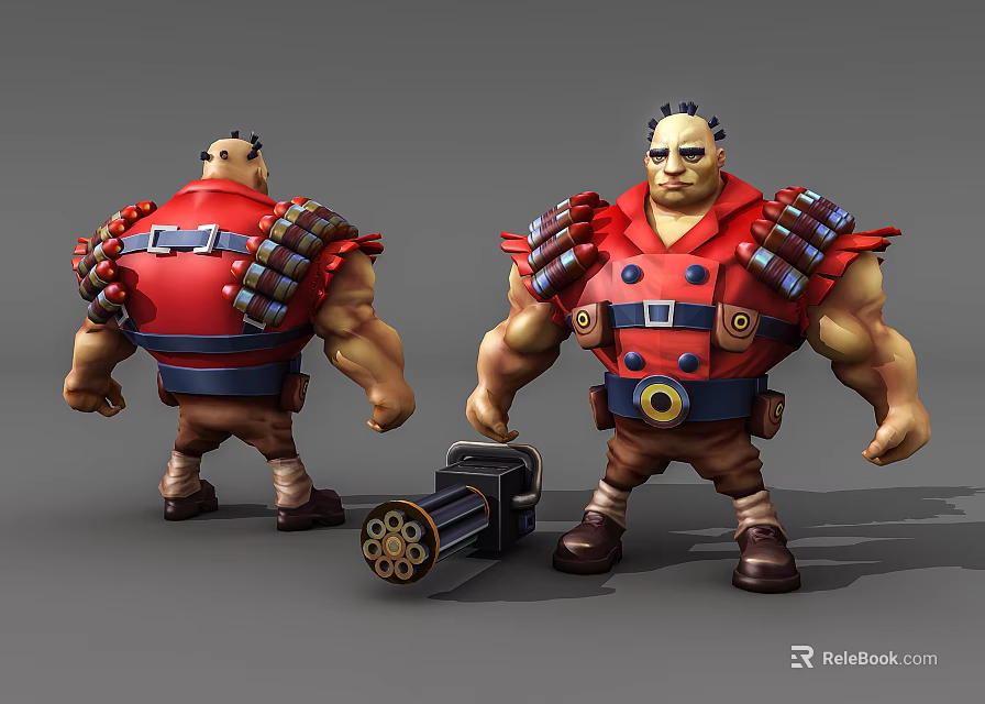 Muscular Game Character With Red Vest Ammunition Belts Cannon Front Back Views 3d model 