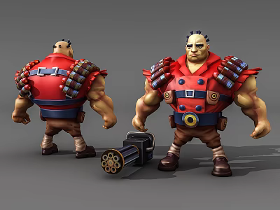 Muscular Game Character With Red Vest Ammunition Belts Cannon Front Back Views 3d model