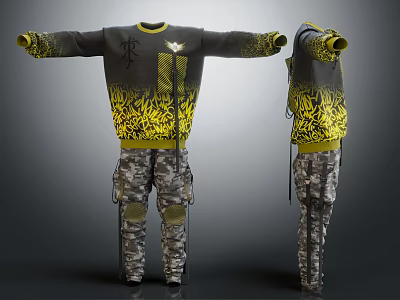 Long Sleeve Black Yellow Gradient Sweater With Camouflage Cargo Pants And Yellow Patterns 3d model