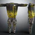 Long Sleeve Black Yellow Gradient Sweater With Camouflage Cargo Pants And Yellow Patterns