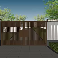 Building Exterior Wall Featuring Black Vertical Slat Gate White Wall And Green Plants