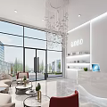 Modern Beauty Salon Interior With White Reception Counter Red Chairs And Chandelier