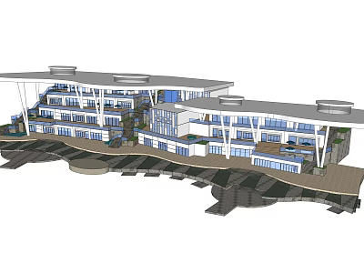 Modern Hotel Building Design On Sloped Terrain With Large Glass Windows And Terraces 3d model