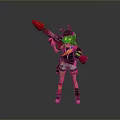 Colorful Haired Character With Pink Weapon And Fantasy Creature On Gray Background
