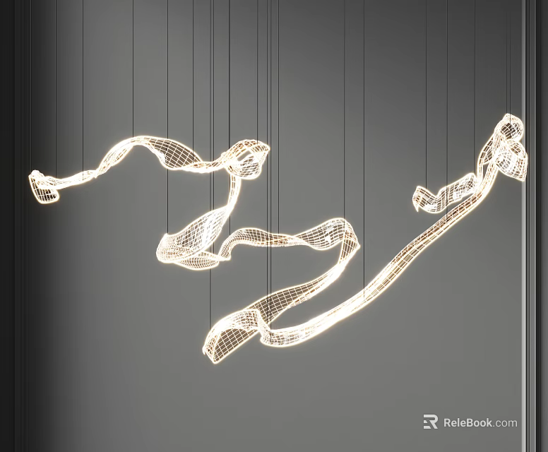 Curved Illuminated Chandelier With Modern Metal Structure Hanging In Dark Background 3d model 