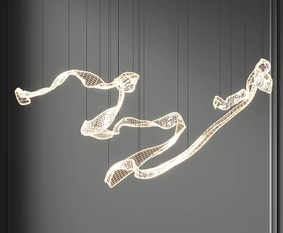 Curved Illuminated Chandelier With Modern Metal Structure Hanging In Dark Background 3d model