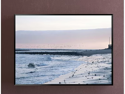 Beach Landscape Painting with Ocean Waves Pebbles on Sand and Flock of Birds in Distance 3d model