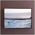 Beach Landscape Painting with Ocean Waves Pebbles on Sand and Flock of Birds in Distance