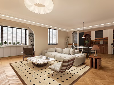 Modern Warm Beige Open Plan Living And Dining Room With Soft Lighting And Wood Flooring 3d model