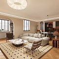 Modern Warm Beige Open Plan Living And Dining Room With Soft Lighting And Wood Flooring