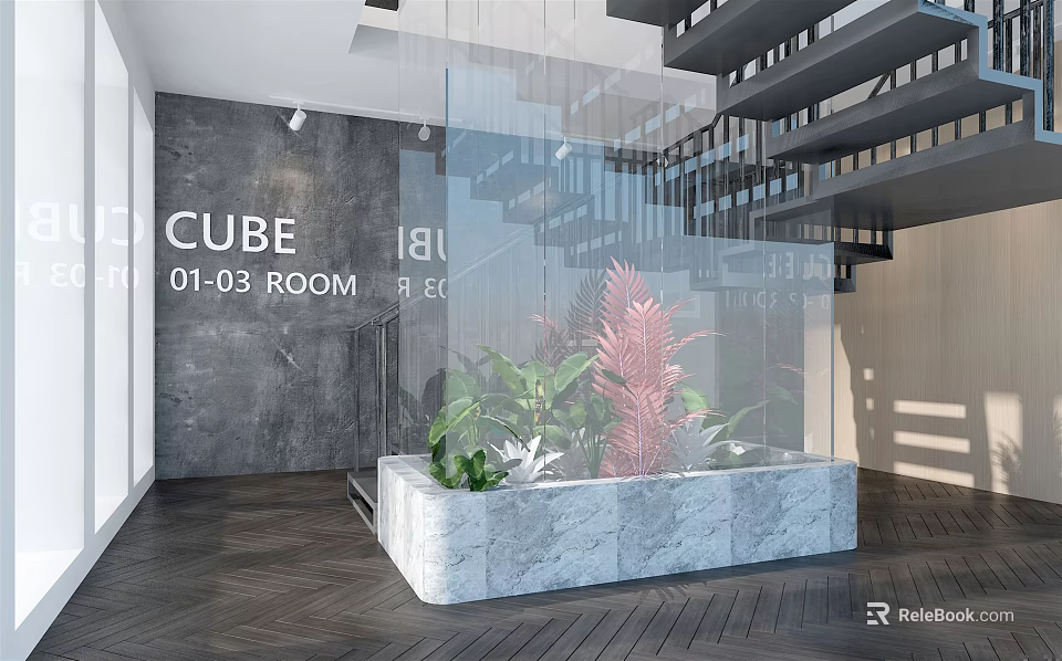 Hotel Lobby Interior With Glass Partition Marble Base Plants Gray Wall Staircase Dark Wooden Floor 3d model 
