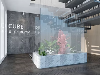 Hotel Lobby Interior With Glass Partition Marble Base Plants Gray Wall Staircase Dark Wooden Floor 3d model