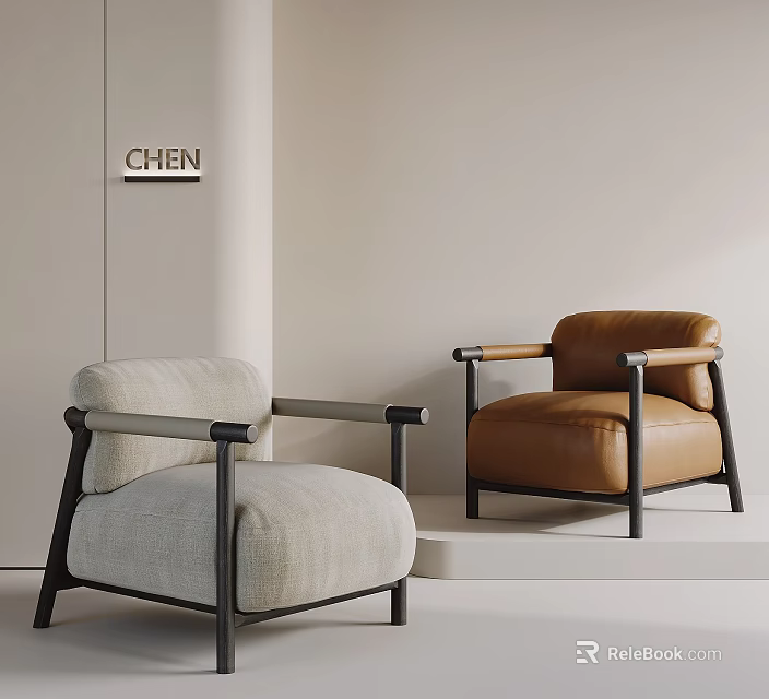 Modern Single Sofas With Light And Brown Upholstery And Black Metal Frame Design 3d model 