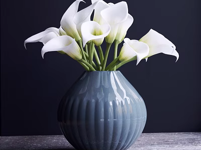 Blue Ceramic Vase With Vertical Stripes Holding White Calla Lilies On Wooden Surface 3d model